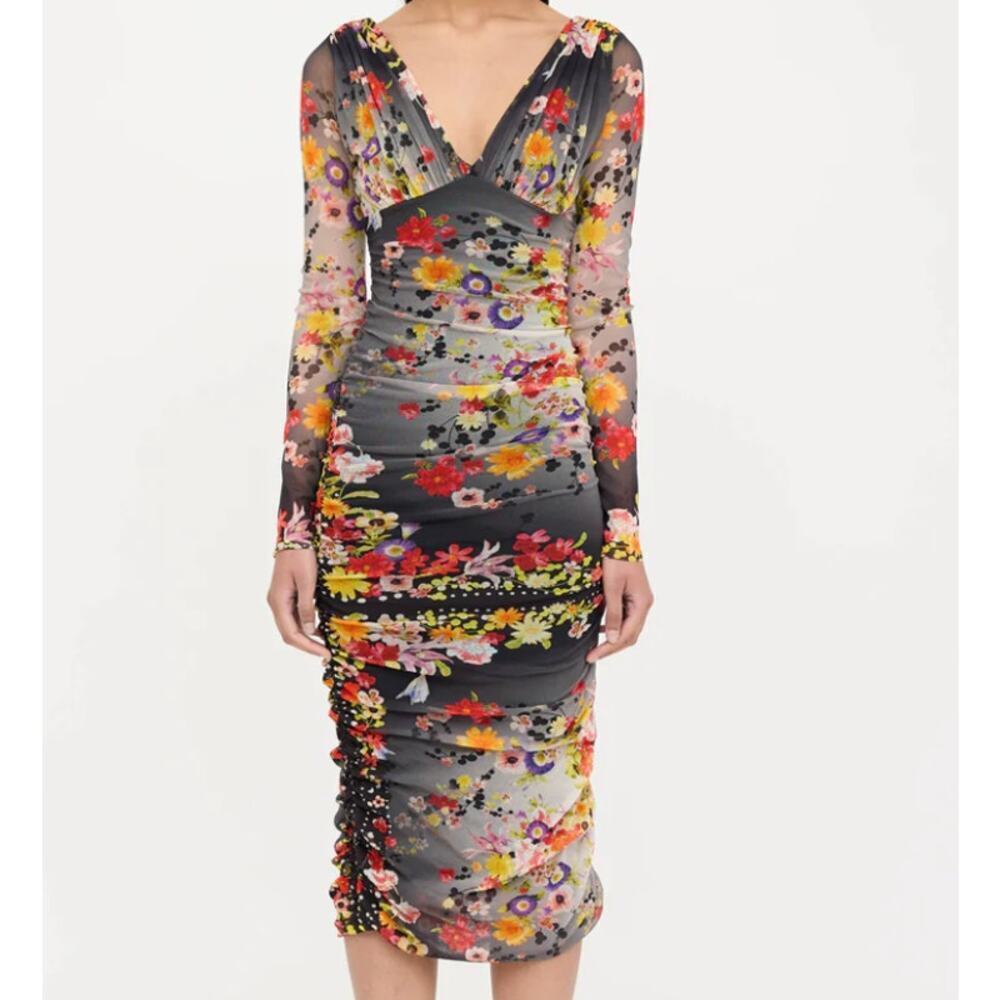 Fuzzi Black Grey Long Sleeve Floral Mesh Bodycon V neck Midi Dress Women's XL